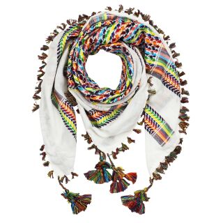 Kufiya premium - white - rainbow stripes - fringes and bobbles colorful - Shemagh - Arafat scarf