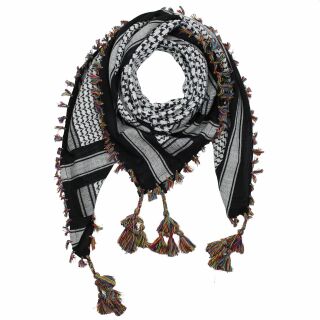 Kufiya Desert premium - black-white - fringes and bobbles colorful - Shemagh - Arafat scarf